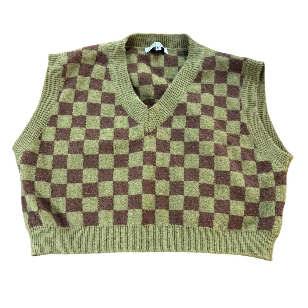 TIEDYERX Womens S Olive Brown Checkered V Neck Knit Sweater Vest Preppy MS8001